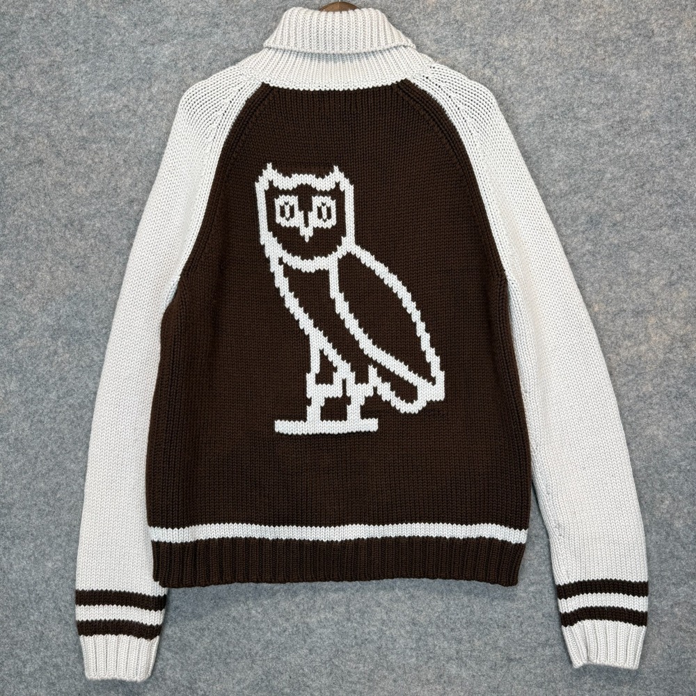OVA Drake October's Very Own Merino Wool Cardigan Sweater Jacket Chunky Owl Rare